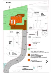 Situasjonsplan som viser tomtsgrenser, byggegrenser, eksisterende og fremtidig bebyggelse, samt terrengforhold.