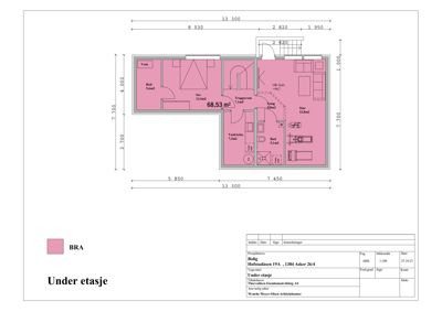 Etasjeplan (Under etasje) med romfordeling, mål og arealoppsett.