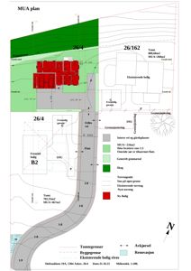 Situasjonsplan som viser tomt, byggegrenser, eksisterende og planlagt bebyggelse, samt terrengforhold.