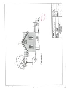 Fasadetegning av en hytte sett fra nord med detaljer om tak, vinduer og trapp.