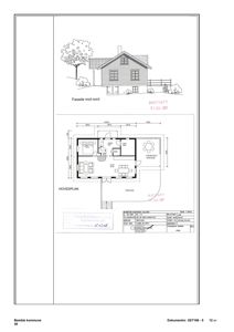 Bildet viser en tegning med en fasadeopprikk (Fasade mot nord) og en hovedplan (Hovedplan) for en bygning.