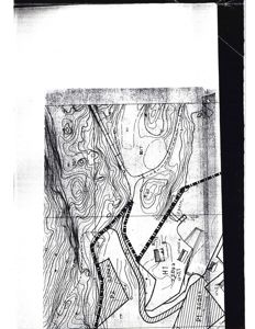 Situasjonsplan som viser terrengform (konturlinjer), vegforløp, og plassering av bygninger på tomt.