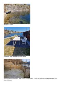 Tre fotografier som viser en utrymning av en tidligere anleggelse ved vannet. Bildene viser en fjernet bassengkonstruksjon, en fjernet utryggere, og en terrasse ved en brygge med resterende rekkverk.