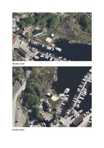 To skråfotografier (satellittbilder) av en kai med båtplasser og bygninger langs kysten.