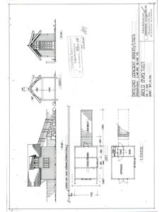 Fasadetegning med oppriss av bygning sett utenfra, inkludert snitt og detaljer.