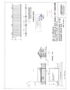 Fasadetegning som viser oppriss av en bygning sett fra siden (sidevegg), med mål og detaljer for vinduer og tak.