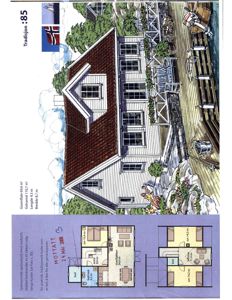 Fotografi av en illustrasjon av en tradisjonell hytte med en plantegning av etasjene nederst.