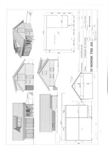 Fasadetegning som viser oppriss av bygningens ytre sider med mål og detaljer.