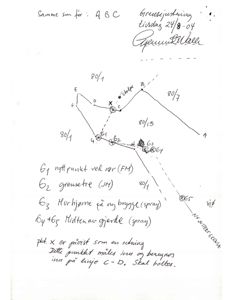 Håndskrevet situasjonsplan eller kart som viser grensejusteringer, punkter (G1-G6) og linjer på et tomt eller eiendom.