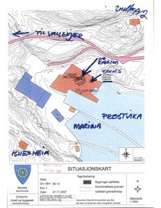 Situasjonskart som viser tomtens topografi, bygningsplassering, vei og vannareal.