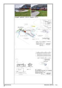 Bildet viser en side fra en byggesak som inneholder to små foton av en rød bygning i en skogkantet omgivelse, samt flere tegninger (situasjonsplan, fasade, snitt) og tekster. De to øverste bildene er foton.