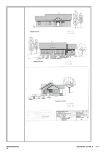 Tegning som viser fasadeoppsett for en bygning sett fra tre sider (mot øst, vest og syd).