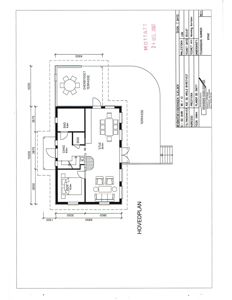 Hovedplan (etasjeplan) for en bolig med romfordeling, mål og utvendig terrasse.