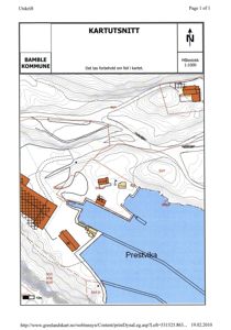 Situasjonsplan (kartutsnitt) som viser tomtens beliggenhet i forhold til vann (Prestvika), høydekurver og nabolag.