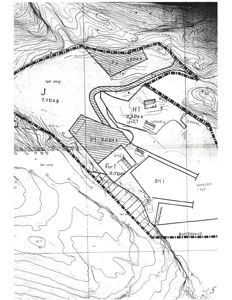 Situasjonsplan som viser tomtens form, høydemålerlinjer (konturlinjer), bygningers plassering, arealoppdelinger (Daa) og arealbruk (f.eks. 'Tett skog', 'SM 1').