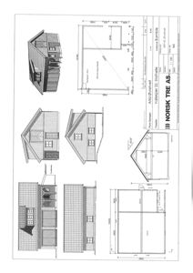 Fasadetegning som viser bygningens utseende fra flere vinkler (front, side, bak) samt et snitt gjennom fasaden.