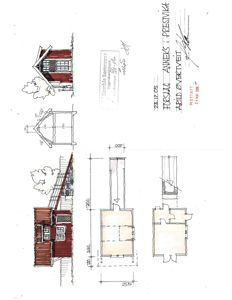 Fasadetegning med oppriss av bygning sett utenfra, inkludert takform, vinduer og konstruksjonsdetaljer.
