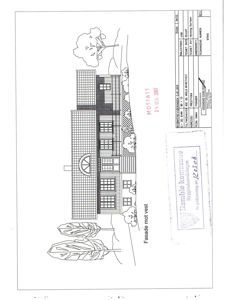 Fasadetegning av en bygning sett fra vest, med detaljer om tak, vinduer og fasadebehandling.