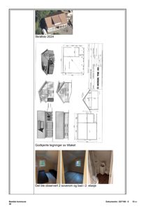 Et sammensatt bilde som viser et skråfoto av en bygning, en tegning av godkjente tegninger, og tre fotografier av innvendige rom (soverom og bad).