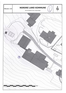 Situasjonsplan for Nordre Land kommune som viser tomtene, bygninger og terrengforhold.