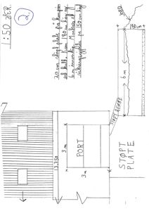 Håndskrevet tegning som viser detaljer for en betongplate (støpt plate) med dimensjoner, armering og en port.