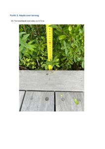 Fotografi som viser en gul målebånd som er plassert mot en busk og en terrasse for å måle høyde over terreng.