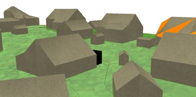 3D-visualisering av et nabolag med flere hus og grøntområder.