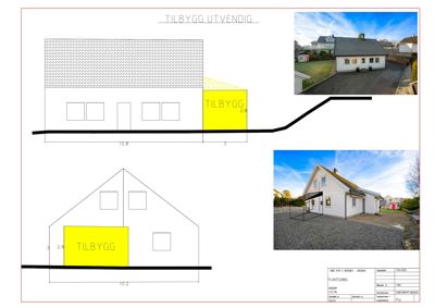 Fasadetegning som viser utvendig utforming av en tilbygg, inkludert mål og en illustrasjon av takkonstruksjon. Tegningen er supplert med to foton som viser eksisterende hus og en 3D-modell av tilbygget.