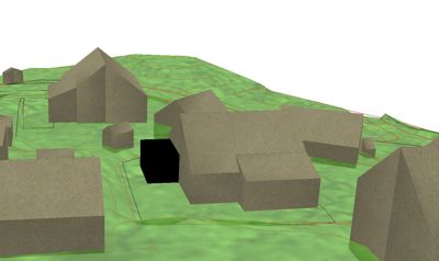 3D-visualisering av et byggeområde med en grønn, terrengmodellert bakgrunn og en svart kubisk form i forgrunnen.