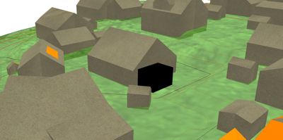 3D-modellering av et byggeområde med topografi og bebyggelse.