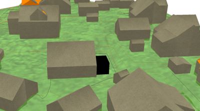 Situasjonsplan som viser bygningenes plassering i forhold til hverandre og terrenget (konturlinjer).