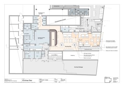 Plantegning av 1. etasje for Anchas Bar, som viser romfordeling, eksisterende forhold og nye innredninger.