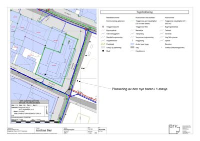 Situasjonsplan som viser tomtens grenser, naboeiendommer, vegnett og plassering av en ny barneanlegg (båre) i 1. etasje.