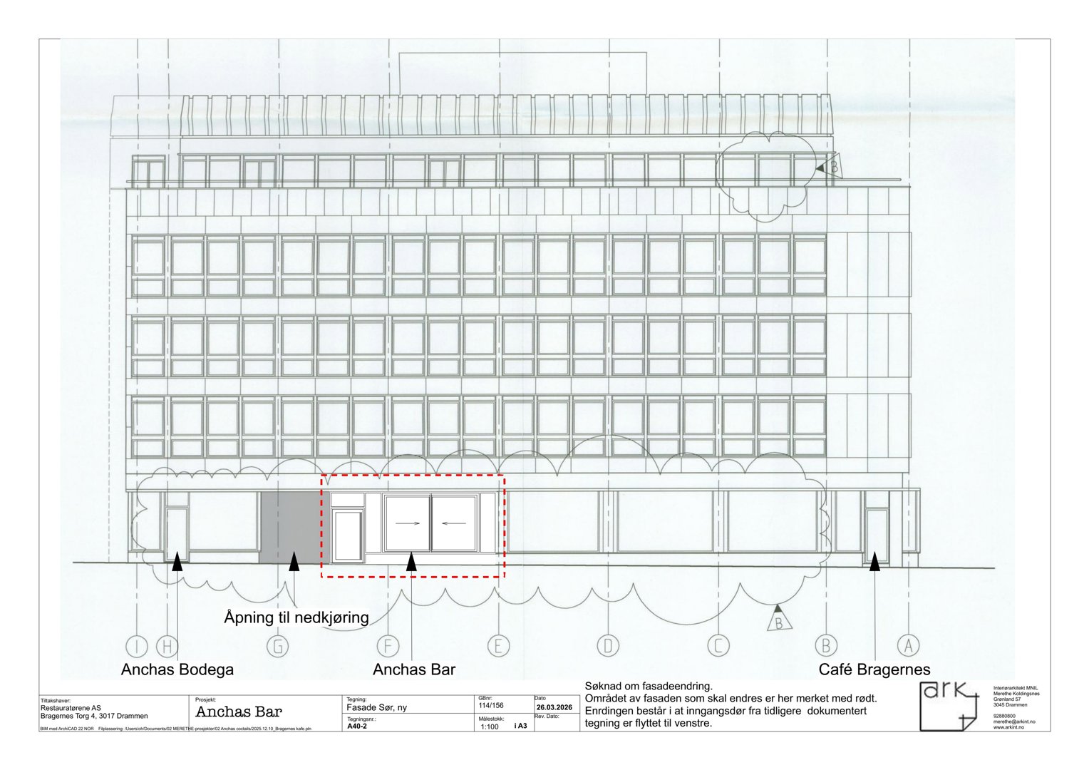 Fasadetegning som viser bygningens utvendige utseende med markerte endringer i inngangspartiet.