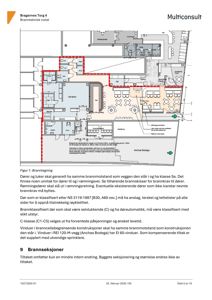 En brannrisikokartlegging (branntegning) som viser etasjeplan med uthevet brannsoner og brannvegger.