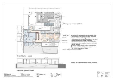 Bildet viser en oversiktsplan for 1. etasje av Anchas Bar, inkludert romfordeling og snitt gjennom bygningen.