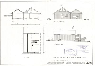 En tegning som viser etasjeplan (PLAN HEMS), snitt (SNITT) og fasader (FASEDE MOT NORD/VEST) for en villa.