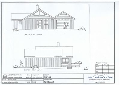 Tegning som viser fasadeopprikk for en bygning sett fra nord og vest.