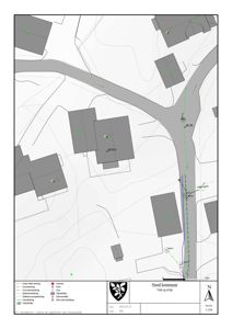 Situasjonsplan som viser tomtens beliggenhet i forhold til vei (Vålervegen), nabotomter, og planlagte vann- og avløpsledninger.