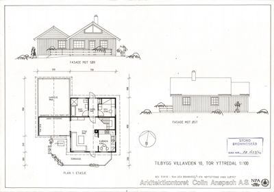 En tegning som viser fasadeopprikk for en bygning sett fra sør og øst, samt etasjeplan for første etasje.