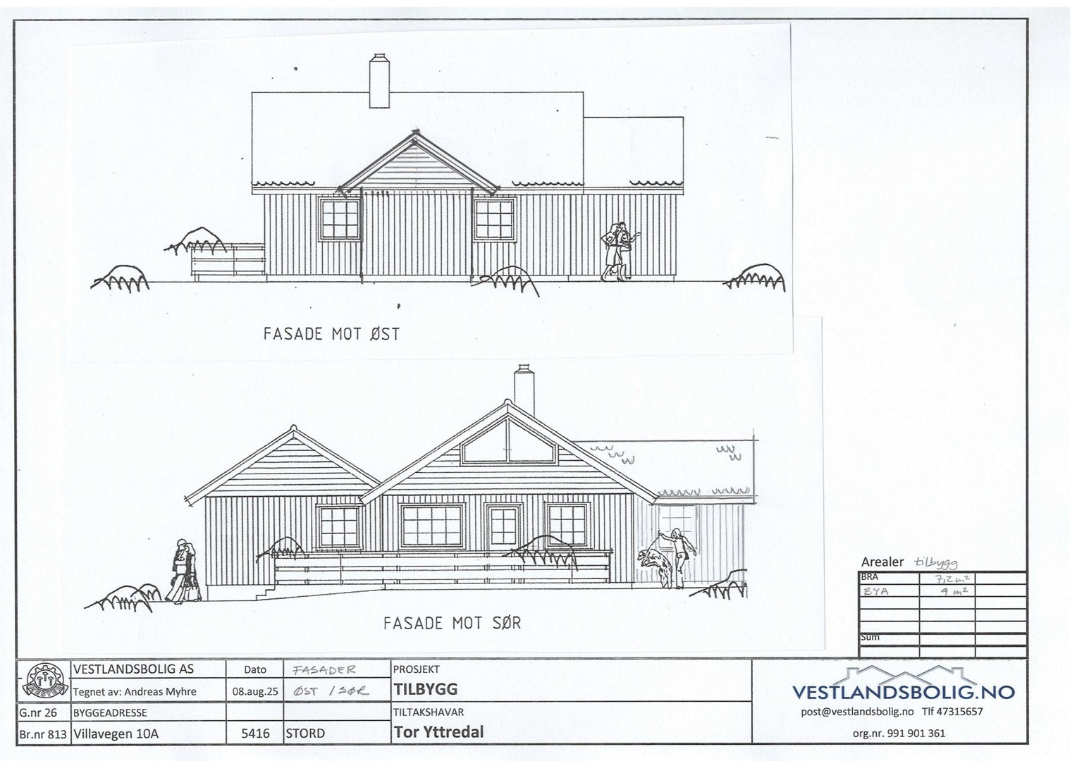 Fasadetegning som viser bygningens utseende fra øst og sør.
