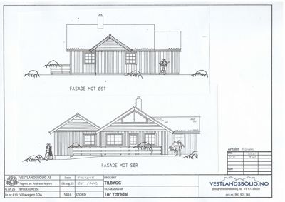 Fasadetegning som viser bygningens utseende fra øst og sør.