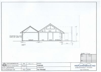 Snittegning som viser tverrsnittet av en bygning med romfordeling (garasje, bad, gang, soverom, hems) og takkonstruksjon.
