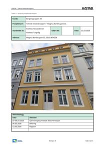 Fotografi av en gule fasade på et fleretasjes hus med hvite vinduer og dører.