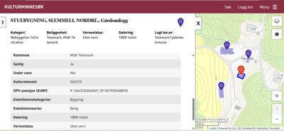 Kartutsnitt fra Kulturmnesøket som viser beliggenheten til en stuebygning i Slemmell Nordre med tilhørende informasjon.