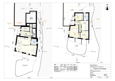 Plantegning som viser romfordeling og dimensjoner for etasjene 1 og 2 i en bygning.