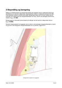 Et datagenerert støykart som viser lydnivåer (dB(A)) rundt en planlagt bygning, med fargekodet soner for støybelastning.
