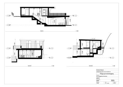Tegning som viser tverrsnitt gjennom bygningen (Snitt A, B1 og B2) med mål på høyder, trappetrinn og romfordeling.