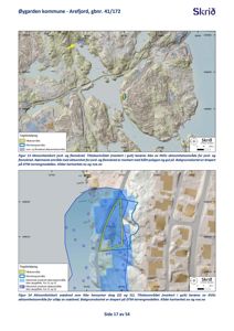 Bildet viser to kart (Figur 13 og Figur 14) som illustrerer aksdomsomsråder for snøskred i Øygarden kommune, Arefjord. Kartene er basert på DTM-terrengmodellen og viser topografi samt områder med ulike typer skredfare.