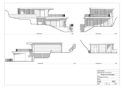 Fasadetegning som viser bygningens utseende fra fire sider (Vest, Sør, Øst, Nord) med detaljer om trapper, balkonger og vinduer.